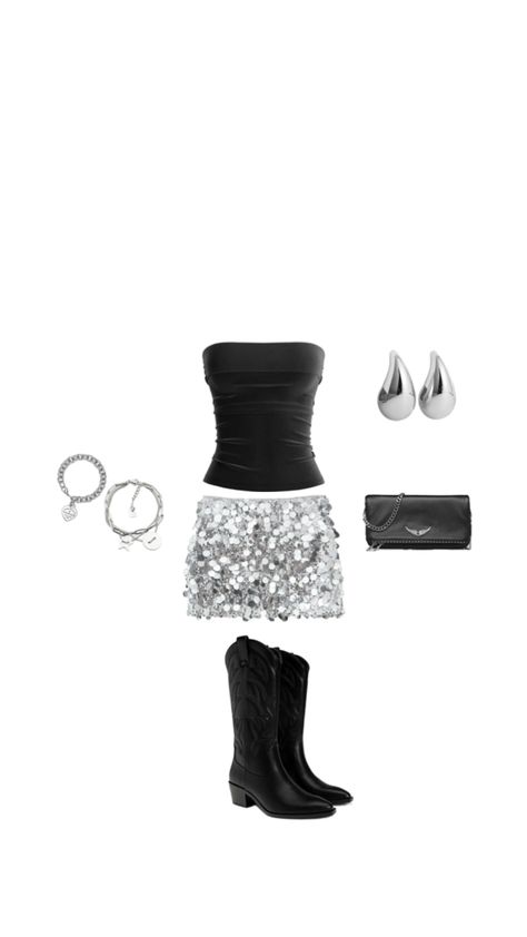 New Years Fits Teens, Sparkly 21st Birthday Outfit, Nye Eve Outfit, Nye Outfits Silver, Sylwester Outfit Party Dresses, Chic Party Outfit Classy, New Years Outfits Sparkly, Disco Blackout Outfit, Midnight Party Outfit