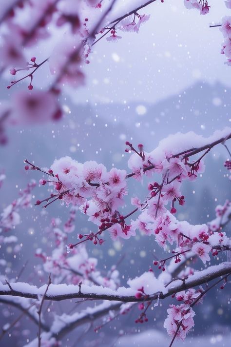 Cherry Blossom In Snow, Snow On Flowers, Flower In The Snow, Snow Covered Flowers, Snow Flower Aesthetic, Snowy Cherry Blossom, Plum Blossom Aesthetic, Winter Flower Wallpaper, Petal Aesthetic