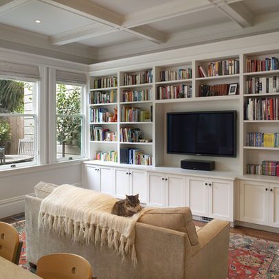 Family Room bookcase Design Ideas, Pictures, Remodel and Decor Bookshelves With Tv, Traditional Family Room, Living Room Built Ins, Bookcase Design, Living Room Red, Home Library Design, Trendy Living Rooms, Living Room Shelves, Built In Bookcase