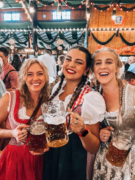 Three girls dressed in traditional German attire (dirndls) at the opening day of Oktoberfest 2022 in the Augustiner tent in Munich, Germany Oktoberfest Photography, Beer Drinking Girl, German Biergarten, Octoberfest Girls, Beer Maid, Oktoberfest Woman, Cute Glasses Frames, Beer Girl, Oktoberfest Beer