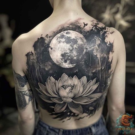 Mystical Moon and Lotus Tattoos: Unveiling the Symbolism and Beauty: 93 Designs - inktat2.com Moon On Chest Tattoo, Realistic Full Moon Tattoo, Full Moon Tattoos, Moon Back Tattoo, Moonlight Tattoo, Realistic Moon Tattoo, Lotus Tattoos, Full Moon Tattoo, Moon Tattoos