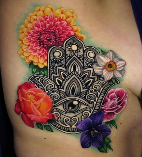 Hamsa Flowers by @jamie_schene at Union 3 Tattoo in Oak Hills, California. #handoffatima #hamsa #hamsatattoo #flowers #jamieschene #Union3 #Union3Tattoo #oakhills #california #tattoo #tattoos #tattoosnob Hamsa Lotus Flower Tattoo, Birds Tatoos, Hasma Tattoo, Hamsa Tattoo Design, Hamsa Hand Tattoo, Faith Tattoo On Wrist, California Tattoo, Nice Tattoos, Jewel Tattoo