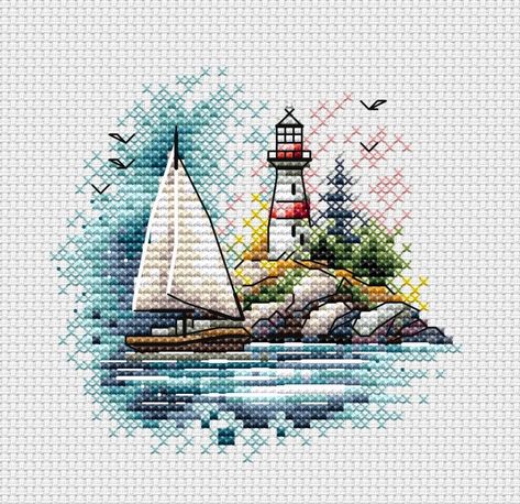 Lighthouse and Sailboat Cross Stitch Pattern, code NO-190 Natalya Orekhova | Buy online on Mybobbin.com Cross Stitch Patterns For Men, Nautical Cross Stitch Patterns, Sea Cross Stitch, Cross Stitch Painting, Cross Stitch Sea, Cross Stitch Projects Ideas, Cross Stitch Landscape, Nature Cross Stitch, Framed Cross Stitch