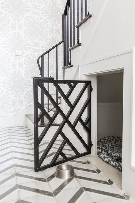 Black Lattice Dog Crate Door - Contemporary - Laundry Room Dog Under Stairs, Under Stairs Dog House, Contemporary Laundry Room, Room Under Stairs, Dog Bedroom, Black Lattice, Indoor Dog House, Dog Spaces, Dog Crate Furniture