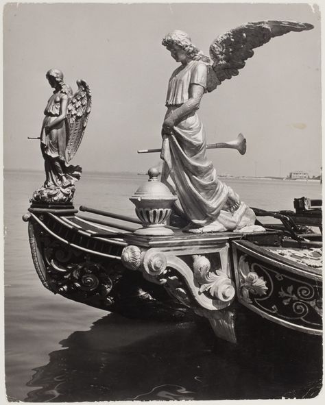 ITALY. Venice. 1950. Decorations on funeral barges // David Seymour Venice Sinking, Venice Cemetery, Venice Dark Aesthetic, Gondola Venice, Venice Italy Black And White, Old Venice, Venice Photography, Antique Bookcase, Cemetery Angels