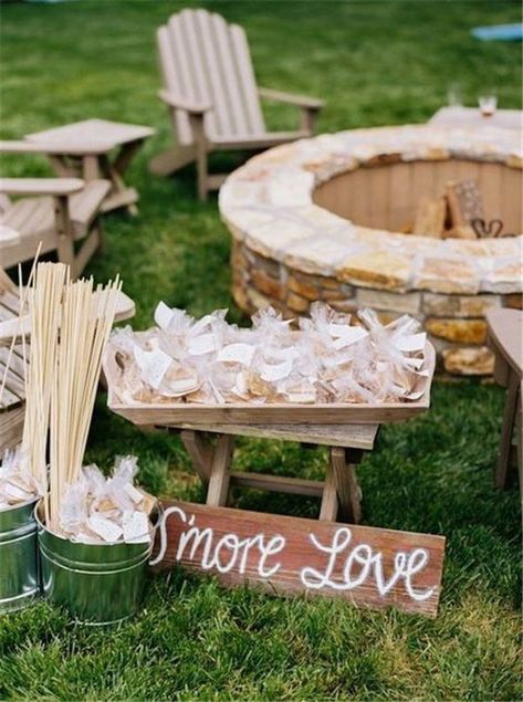 22 Rustic Backyard Wedding Decoration Ideas on A Budget #wedding Smores Station, Backyard Bridal Showers, Backyard Wedding Decorations, Fall Backyard, Small Backyard Wedding, Wedding Backyard Reception, Backyard Reception, Rustic Backyard, Wedding Reception Ideas