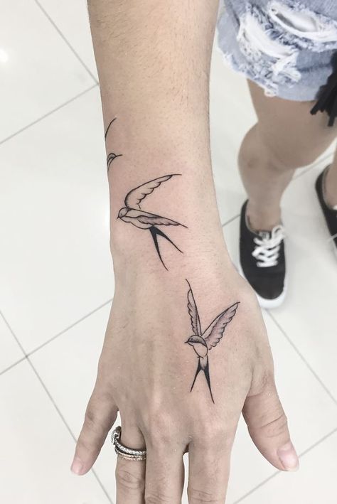 Awesome Birds Tattoo Birds Hand Tattoo, Birds Wrapped Around Arm Tattoo, Bird Tattoo Linework, Minimalist Bird Tattoo, Birds Flying Tattoo, Two Birds Tattoo, Bird Hand Tattoo, Simple Bird Tattoo, Best Small Tattoos