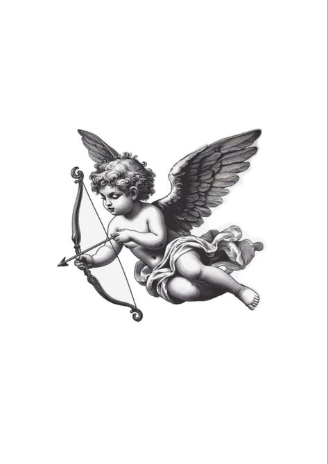 Cherub Tattoos For Guys, Cherub Bow And Arrow Tattoo, Cupid Hand Tattoo, Cherub Arrow Tattoo, Cherub Holding Flowers Tattoo, Angel Arrow Tattoo, Mens Cherub Tattoo, Black And Grey Angel Tattoos, Cherub With Bow And Arrow