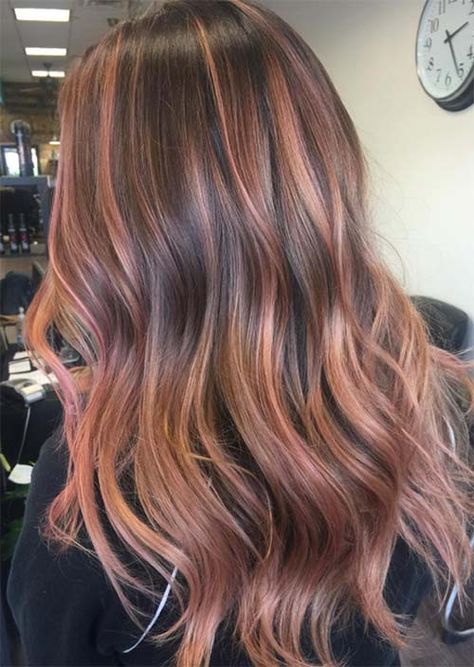 52 Charming Rose Gold Hair Colors to Try in 2022 - Glowsly Dark Brown Hair Rose Gold Balayage, Dimensional Rose Gold Hair, Medium Brown Hair With Rose Gold Highlights, Black Hair Rose Gold Highlights, Ash Brown Hair With Rose Gold Highlights, Blush Highlights Hair Brunette, Light Brown Hair With Pink Highlights Rose Gold, Brunette Hair With Rose Gold Highlights, Rose Gold Partial Highlights