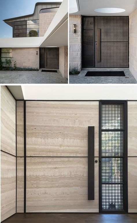 Front Door Ideas - This modern front door has a brass woven ribbon mesh exterior, and a travertine slab interior. #ModernFrontDoor #DoorIdeas #FrontDoor Dark Timber Flooring, Lawyers Office, Garage Door Designs, Luigi Rosselli, Side Gate, New Modern House, Zinc Roof, Garage Door Types, Garage Door Styles