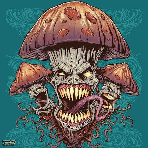 Evil Mushrooms illustration I created a while back but revisited the color scheme a little. I'd love to do a whole series like this if I can make the time.  This design will be my next monthly foil disc. #psychedelicart #meditation #trippyart #cannabisart #mushroomart #marijuanaartist #cannabiscommunity #discgolf #frisbeegolf #discraftdiscs #teamdiscraft #detroitdisccompany #disc Evil Mushroom, Horror Painting, Mushroom Color, Mushroom Drawing, Pencil Drawings Easy, Arte Cyberpunk, Mushroom Art, Freelance Illustrator, Featured Art