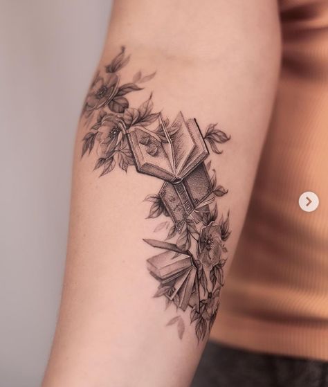 Planning A Sleeve Tattoo, Book Rib Tattoo, Book Ish Tattoos, Bookish Tattoos Sleeve, Tattoo Of A Picture, Book Tattoo With Quote, Organic Tattoo Sleeve, Book Back Tattoo, Tattoos For Women Books