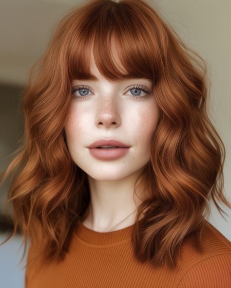 Mid-Length Auburn with Bangs Red Hair Mid Length, Auburn Hair Colour, Waves With Bangs, Short Auburn Hair, With Bangs Hairstyle, Brown Hair Color Shades, Hair Colour Ideas, Bangs Hairstyle, Blonde Tips