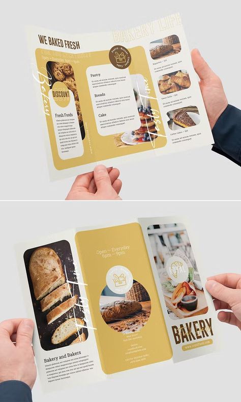 Best Trifold Brochure Design, Brochure Layout Design Trifold, Food Trifold Brochure Design, Food Brochure Design Ideas, Food Leaflet Design, Food Brochure Design Creative, Trifold Brochure Design Layout Creative, Bakery Brochure Design, Trifold Brochure Ideas