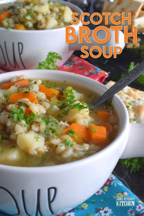 Based on the popular and delicious Scotch Broth, my Scotch Broth Soup is filling, hearty, and good for you too! Unlike the original which is prepared with lamb, mutton, or beef, this version is completely vegetarian and packed with pearl barley and lots of root vegetables! #soup #vegetarian #barley Scottish Broth Soup, Scotch Broth Soup Recipes, Vegatable Beef Soup, Scottish Soup, Beef Broth Soup Recipes, Pearl Barley Soup, Scotch Broth Soup, Pork Meatball Soup, Vegan Comfort Food Recipes