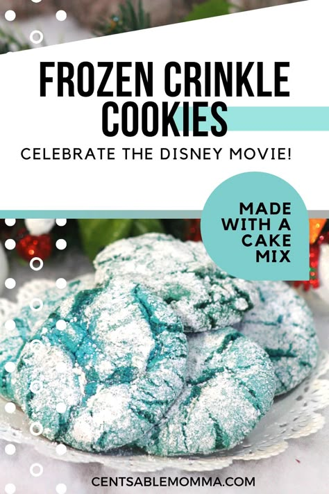 This Crinkle Cookie recipe is perfect for the Frozen movie fan. Made using a box cake mix, they're easy to make. Plus, the colors can be adjusted to any color you want - even red, white, and blue for the 4th of July or red and green for Christmas. Frozen Movie Desserts, Frozen Birthday Snacks, Blue Crinkle Cookies, Frozen Birthday Diy, Frozen Birthday Cake Ideas, Frozen Diy Party, Frozen Cake Ideas, Frozen Birthday Party Food, Frozen Party Food