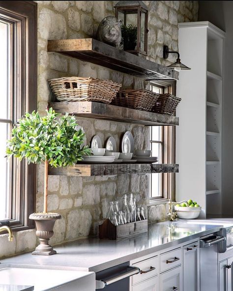 Photo by Your Statement Piece on September 03, 2020. Image may contain: indoor. Kitchen Shelf Decor Ideas, Kitchen Shelf Design, Industrial Kitchen Shelves, Shelf Decor Ideas, Kitchen Shelf Decor, Casa Country, Regal Design, Kitchen Shelf, Decorative Kitchen