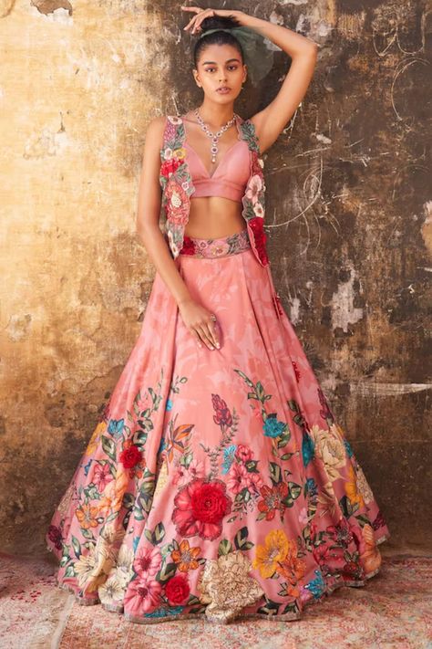 Varun Bahl | Designer Menswear and Womenswear Online Varun Bahl, Printed Lehenga, Raw Silk Lehenga, Floral Lehenga, Green Lehenga, Hot Pink Floral, Pink Trousers, Indian Dresses Traditional, Pink Lehenga