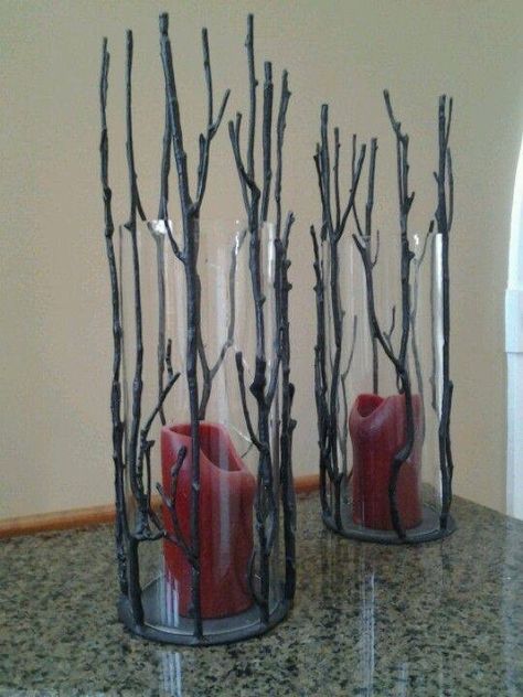 Super easy DIY. Thing twigs, black spray paint, hot glue, and jars from Dollar Tree. Easy Peasy Goth Decor Diy, Gothic House Decor, Gothic Home Decor Ideas, Table Halloween, Halloween Decor Diy, Halloween Themed Wedding, Diy Halloween Decor, Goth Home, Goth Home Decor