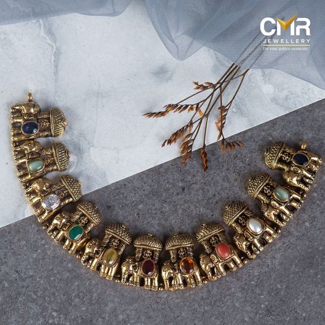 Elephant Necklace Gold Indian, Gold Navaratna Necklace, Navrathan Necklace Gold, Navratna Necklace Gold, Navaratna Necklace Gold, Modern Gold Jewelry Sets, Navratna Choker, Elephant Jewelry Necklace, Navratna Necklace