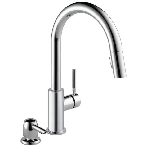 Delta Trask Chrome 1-Handle Deck-Mount Pull-Down Handle Kitchen Faucet (Deck Plate Included) in the Kitchen Faucets department at Lowes.com Kitchen Faucet With Soap Dispenser, Touch Kitchen Faucet, Cleaning Faucets, Retractable Hose, Kitchen Faucet With Sprayer, Kitchen Pulls, Chrome Fixtures, Delta Faucets, Kitchen Faucets