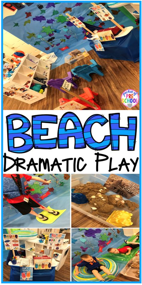 Set up a Beach in the dramatic play or pretend center and embed a ton of math, literacy, and STEM into their play! #dramaticplay #pretendplay #preschool #prek #beachtheme #oceantheme Beach Dramatic Play, Water Preschool, Dramatic Play Centers Preschool, Preschool Dramatic Play, Preschool Ocean, Camping Theme Preschool, Dramatic Play Themes, Dramatic Play Center, Summer Safety