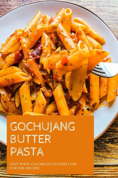 This is a picture of penne pasta coated in a gochujang butter sauce. Creamy Gochujang Pasta, Gochujang Buttered Noodles, Korean Pasta, Bowtie Pasta Recipes, Gochujang Recipes, Gochujang Pasta, Bow Tie Pasta Recipe, Gochujang Recipe, Week Meals