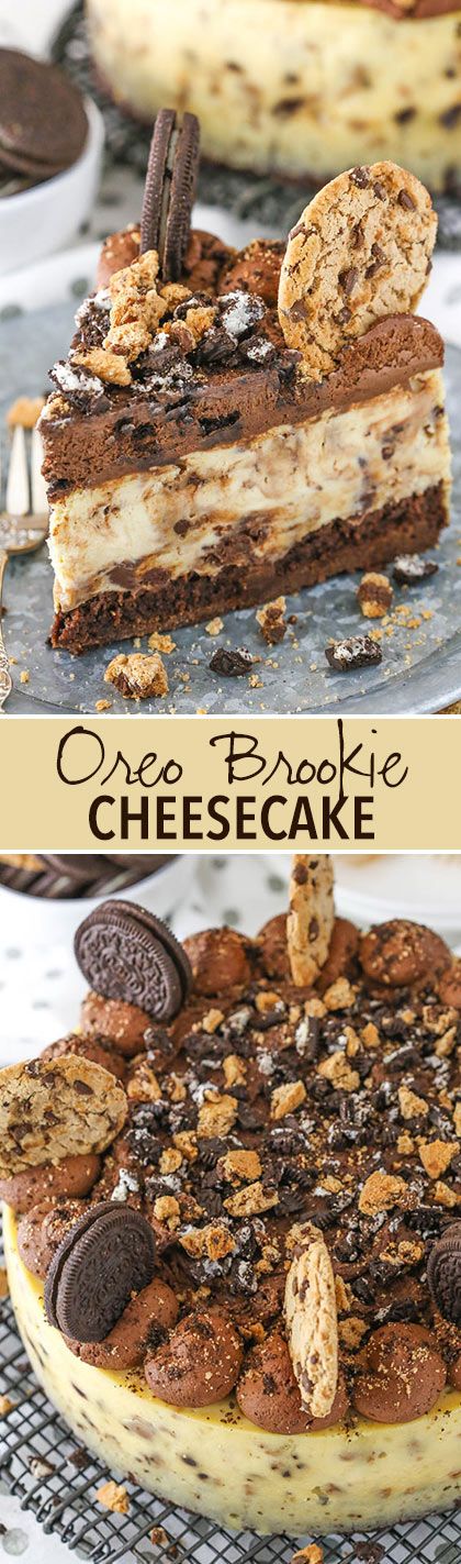 Oreo Brookie Cheesecake - a layer of brownie, chocolate chip cookie cheesecake and Oreo whipped cream! Brookie Cheesecake, Oreo Brookie, Brownie Chocolate Chip Cookie, Oreo Whipped Cream, Best Chocolate Cheesecake, Chocolate Chip Cookie Cheesecake, Cookie Cheesecake, Chocolate Cheesecake Recipes, Oreo Recipes