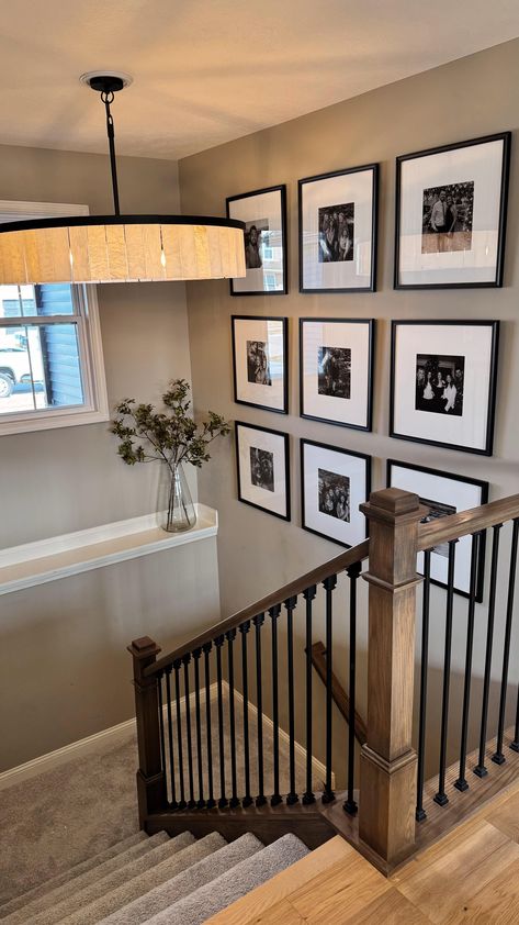 Instagram Picture Gallery Wall Stairs, Large Wall By Stairs Decor, Frames On Staircase Wall, Josie Bensko, Pictures On Staircase Wall, Picture Wall Staircase, Stairs Wall Decor, Stair Wall Decor, Stairwell Ideas