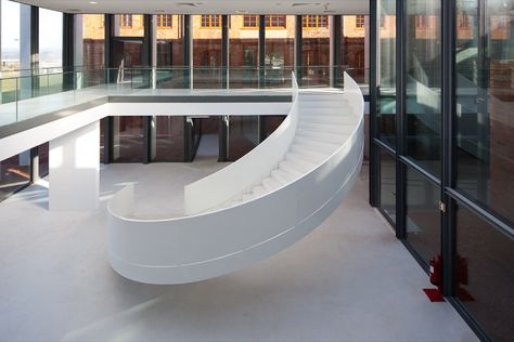 Ceramic of Arganil,© José Campos Main Staircase, Car Showroom Design, Spiral Stair, Beautiful Stairs, Stair Handrail, Spiral Stairs, Curved Staircase, Hotel Project, Showroom Design