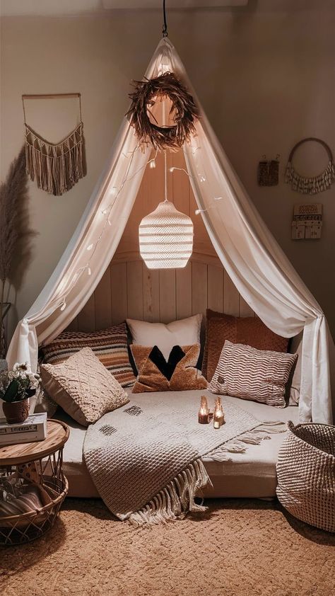 Featuring a floor cushion nook or daybed, a hanging light with a soft glow Boho Meditation Corner, Daybed Room Ideas Aesthetic, Boho Corner, Chill Spot, Boho Bedrooms, Meditation Corner, Boho Style Bedroom, Cozy Boho, Floor Bed