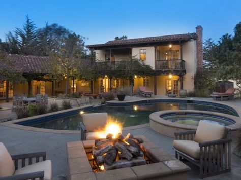 Modern Hacienda Style Homes, Clay Fire Pit, Colonial Estate, Barrel Fire Pit, Monterey Style, Modern Hacienda, Spanish Style Architecture, Hacienda Style Homes, Colonial House Plans