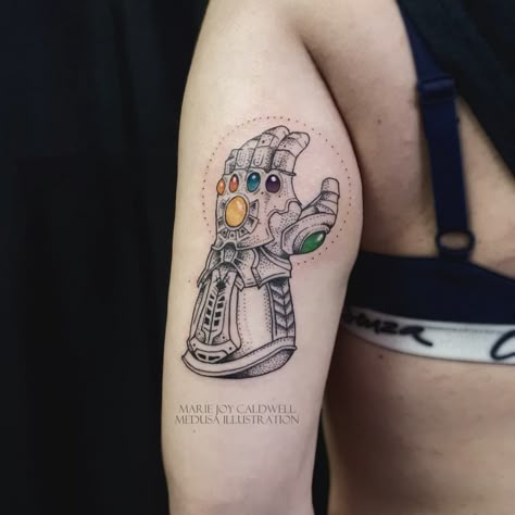 infinity gauntlet dotwork tattoo Infinity Stone Tattoo, Thanos Gauntlet Tattoo, Infinity Stones Tattoo, Infinity Gauntlet Tattoo, Thanos Tattoo, Marvel Tattoo Design, Blink 182 Tattoo, Fandom Tattoos, Be Brave Tattoo