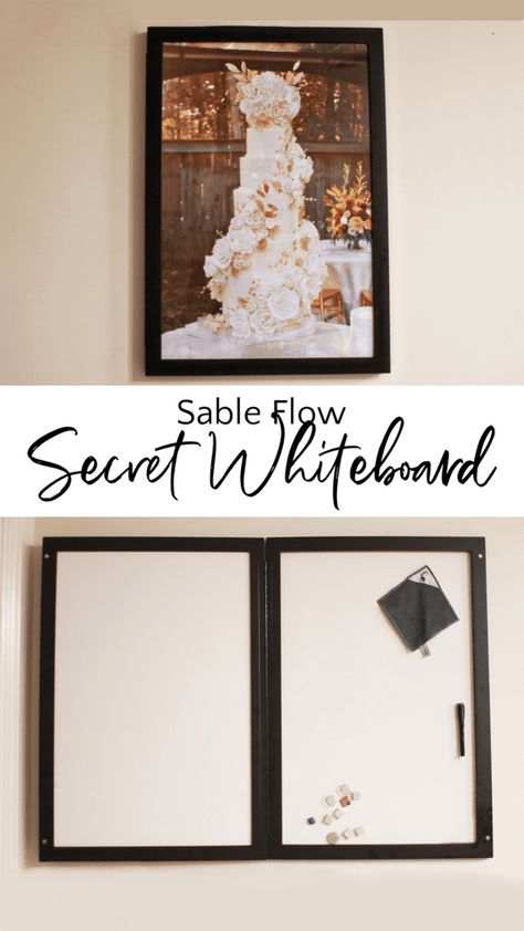 framed cake art photo on top, bottom is a whiteboard opened up from the framed print. Home Office Whiteboard Ideas, Home Office Dry Erase Board Ideas, Home Office Whiteboard Wall, Hidden Whiteboard, Office Whiteboard Wall, Diy Whiteboard, Framed Whiteboard, Attic Office, Whiteboard Wall