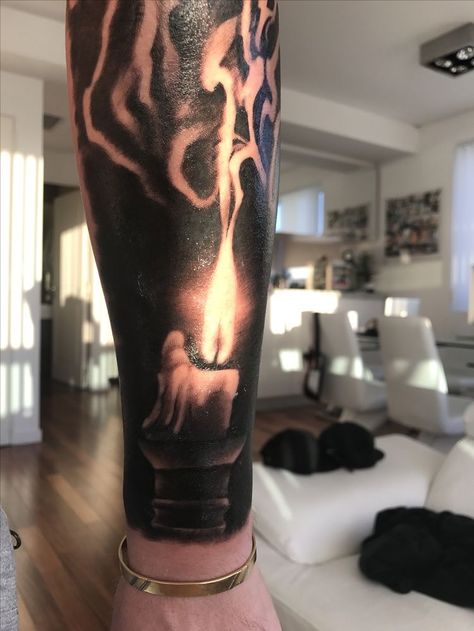 candle tattoo, tattoo, tattoo butter in link Smokey Tattoo Filler, Tattoos With Fire, Tattoo Gap Filler Ideas, Burning Candle Tattoo, Leg Tattoo Sleeve, Candles Tattoo, Gap Filler Tattoo Ideas, Tattoo Candle, Filler Tattoo Ideas Gap