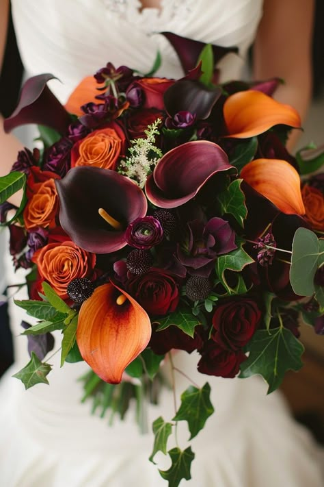 October Bridal Bouquet, Fall Wedding Colors Purple, Silly Wedding, Orange Purple Wedding, Deep Purple Wedding, Purple Fall Wedding, Orange Wedding Themes, Unique Bridal Bouquets, Orange Wedding Colors