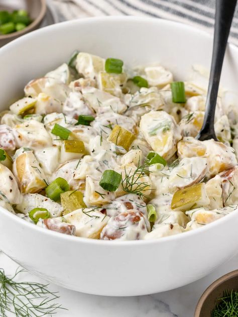 Dill Pickle Potato Salad - Entirely Elizabeth Yogurt Tzatziki Sauce, Greek Yogurt Tzatziki, Potato Salad Without Mayo, Dill Pickle Potato Salad, Pickle Potato Salad, Healthy Potato Salad, Greek Style Potatoes, Dill Potato Salad, Dill Potato