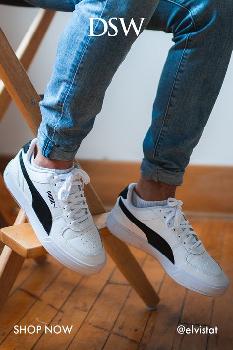 Timeless sporty style infused with classy vibes in these men's Puma Caven white court sneakers. Constructed of long-lasting upper with breathable perforations at the front, these low-top sneakers come with a traditional round toe design, lace-up closure, contrasting signature form strip overlays at the sides, gently padded tongue and collar for smooth on and off, smooth fabric lining, removable footbed and a sturdy rubber outsole with slip-resistant pattern. Puma Sneakers For Men, Puma Shoes Mens, White Puma Shoes, Shoes High Tops, Puma Sneakers Men, Classy Vibes, Suit Man, Perfect Sneakers, Classy Outfits Men