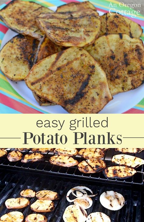 Think grilling potatoes includes lots of pre-cooking or long cooking times? Now with this recipe for grilled potato planks! They are sliced, seasoned and cooked right along with other meats and vegetables. Easy way to have a whole meal grilled. #grilling #potatoes Grilled Sliced Potatoes, Sliced Potatoes On The Grill, Grilling Potatoes, Grilled Potato Slices, Weekday Recipes, Beef Lettuce Wraps, Grilled Foods, Easy Weekday Meals, Gluten Free Sides