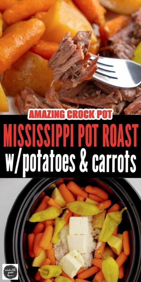 The best Mississippi pot roast crock pot recipe with vegetables like carrots and potatoes. You'll love this easy slow cooker healthier version. Mississippi Pot Roast With Carrots, Mississippi Roast Crock Pot, Best Crockpot Roast, Mississippi Pot Roast Crockpot, Healthy Pot Roast, Pot Roast With Carrots, Pot Roast Vegetables, Ez Recipes, Slow Cooker Mississippi Pot Roast