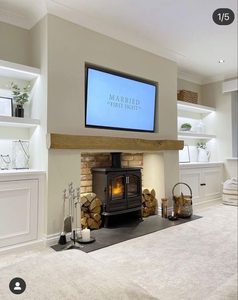 Alcove Ideas Living Room, Wood Burning Stoves Living Room, Fireplace And Tv, Log Burner Living Room, Lounge Room Styling, Feature Wall Living Room, Snug Room, New House Living Room, Living Room Renovation