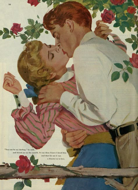 50s Pop Culture, Giving Flowers Drawing Reference, 50s Art Vintage Posters, People Kissing Reference, Vintage Couple Art, Vintage Romance Art, Wlw Vintage, Romance Poses, 50s Couple