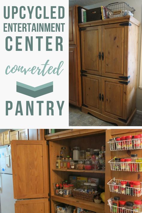 Do you need extra pantry storage? Why not an upcycled entertainment center converted to pantry? Check out this amazing transformation! #pantry #storagesolutions #upcycle #pantryideas #upcycleideas Diy Pantry Cabinet, Entertainment Center Redo, Entertainment Center Shelf, Entertainment Center Kitchen, Entertainment Cabinet, Entertainment Center Repurpose, Entertainment Stand, Entertainment Table, Diy Pantry