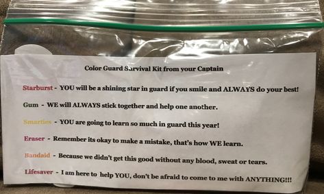 Color Guard Captain, Color Guard Survival Kit, Color Guard Gift Bags, Color Guard Goodie Bag Ideas, Band Camp Survival Kit Color Guard, Color Guard Gift Ideas, Band Camp Survival Kit, Color Guard Tips, Color Guard Funny