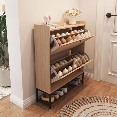 PRICES MAY VARY. [ Farmhouse Style ] This shoe storage cabinet comes in natural classic colors, looks simple and stylish, brings warm, cozy tones to your living area, and can be used not only as furniture but also as home decoration. [ Space-Saving Shoe Cabinet ] Slim construction and space-saving design make it a smart choice for tight spaces. Clear your hallway of clutter once and for all with this stylish shoe cabinet. Its farmhouse style design fits perfectly into modern color schemes and ca Wooden Shoe Cabinet, Narrow Shoe Rack, Shoe Rack Organizer, Shoe Rack Entryway, Modern Color Schemes, Shoe Rack Organization, Modern Entryway, Hallway Bedroom, Shoe Storage Cabinet