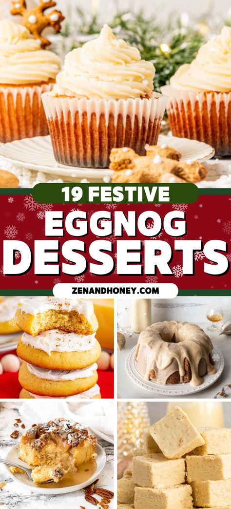 This jolly and festive Eggnog Desserts selection will bring so much joy and happiness to your friends and family this holiday season. From Eggnog Cupcakes, Eggnog Pudding to Eggnog Cookies and so many other Christmas desserts featuring the one and only – Eggnog! Christmas Desserts Eggnog, Egg Nog Deserts, Eggnog Desserts Christmas, Eggnog Baked Goods, Desserts With Eggnog, Things To Make With Eggnog, Baking With Eggnog, Recipes With Eggnog In It, Eggnog Rum Cake Recipe