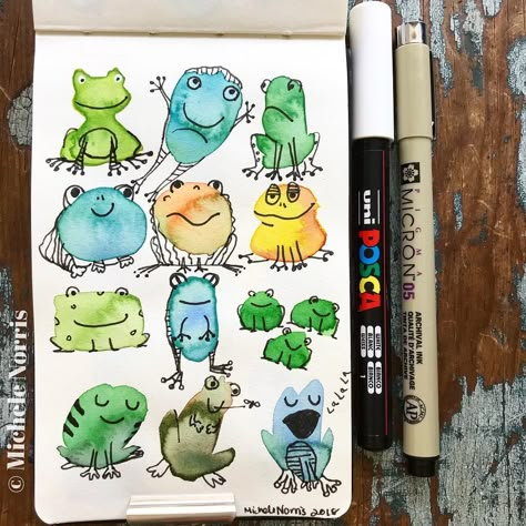 This morning’s doodle is of frogs 🐸 Day 16/100. Never studied frogs too closely - so it was tough to come up with variations.  I usually doodle with my morning coffee. Today it took 2 cups. Ugh😑 Now off to the studio! . . . . #the100dayproject #micheles100dayproject #doodles #illustration #illustration_daily #dailyart #sketchbook #micronpens #inspiredbynature #lovecolor #penandink #kidsdecor #childrensbooks #frogs #frogsofinstagram #amphibians #artshare #happyartist #artlicensing #doodleart Doodles Illustration, Coffee Today, Animal Doodles, Watercolor Art Lessons, Happy Paintings, Art Licensing, Creative Drawing, Latte Art, Mail Art