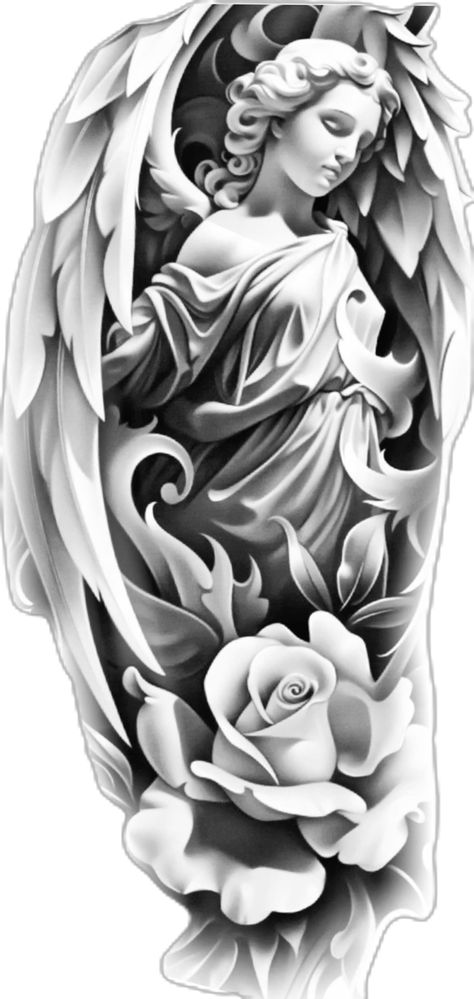 Religious Tattoo Design, Life Tattoo Ideas, Angel Back Tattoo, Jesus Tattoo Design, Guardian Angel Tattoo, Cherub Tattoo, Filigree Tattoo, Tattoo Lettering Design, Idea Tattoo