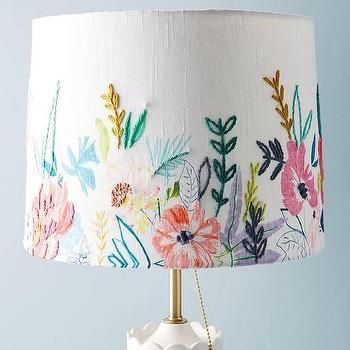 Embroidery On Lamp Shades, How To Embroider Lamp Shade, Lamp Shade Painting Ideas, Embroidered Lamp Shade, Navy Blue Lamp Shade, Embroidered Lamp, Embroidered Lampshade, Decorate Lampshade, Floral Lamp