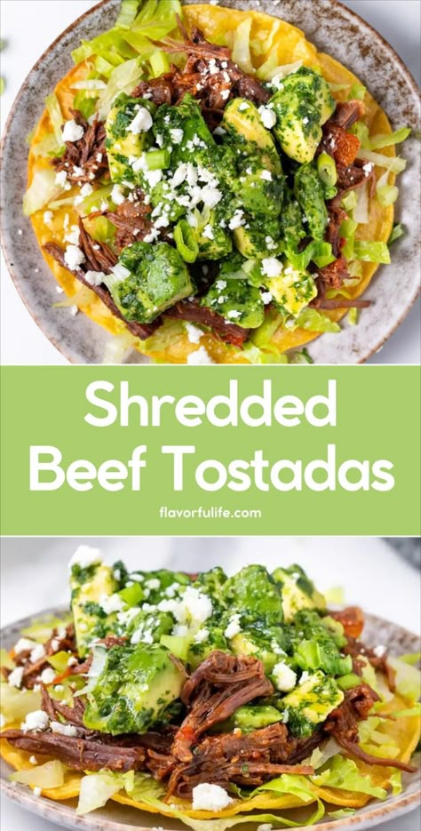 This beef tostadas recipe is an easy and healthy option for Mexican dinner ideas for family. Use your Instant Pot to prepare tender shredded beef for tostadas in no time. Learn how to make tostadas with this simple tostadas recipe. Perfect for Mexican tostadas, this dish is a great addition to your favorite Mexican meals. Mexican Dinner Ideas, Mexican Tostadas, Beef Tostadas, Avocado Chimichurri, Tostadas Recipe, Dinner Ideas For Family, Shredded Beef Recipes, Mexican Shredded Beef, Shredded Beef Tacos